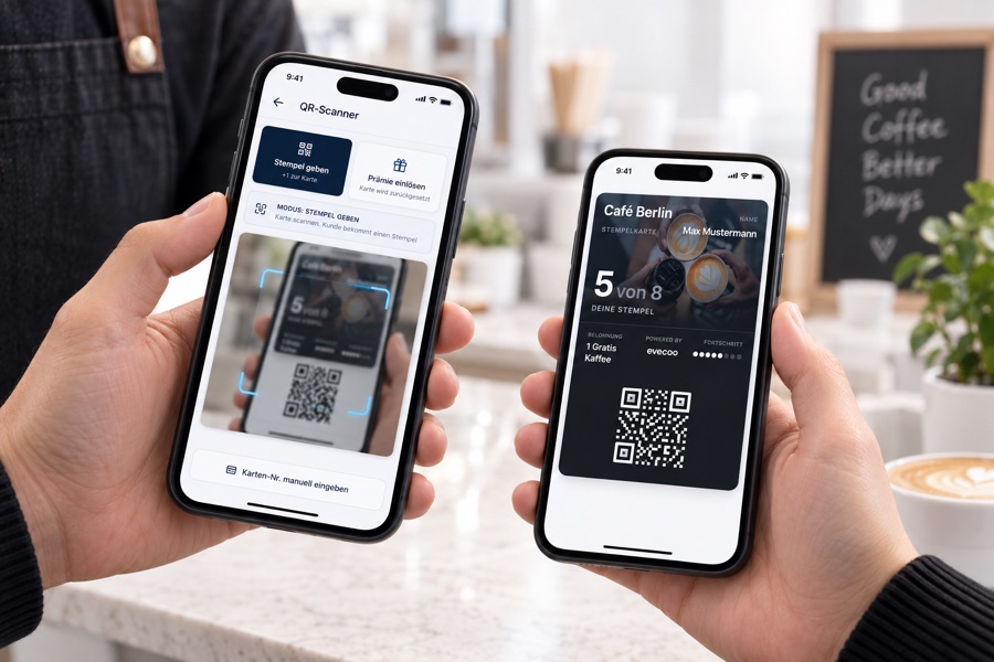Mitarbeiter scannt die Wallet-Karte des Kunden im QR-Scanner und gibt einen Stempel